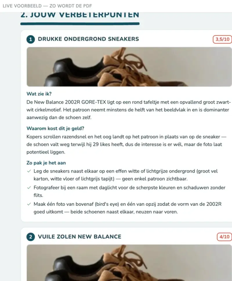 Voorbeeldpagina uit de Vinted Scan: jouw verbeterpunten met scores
