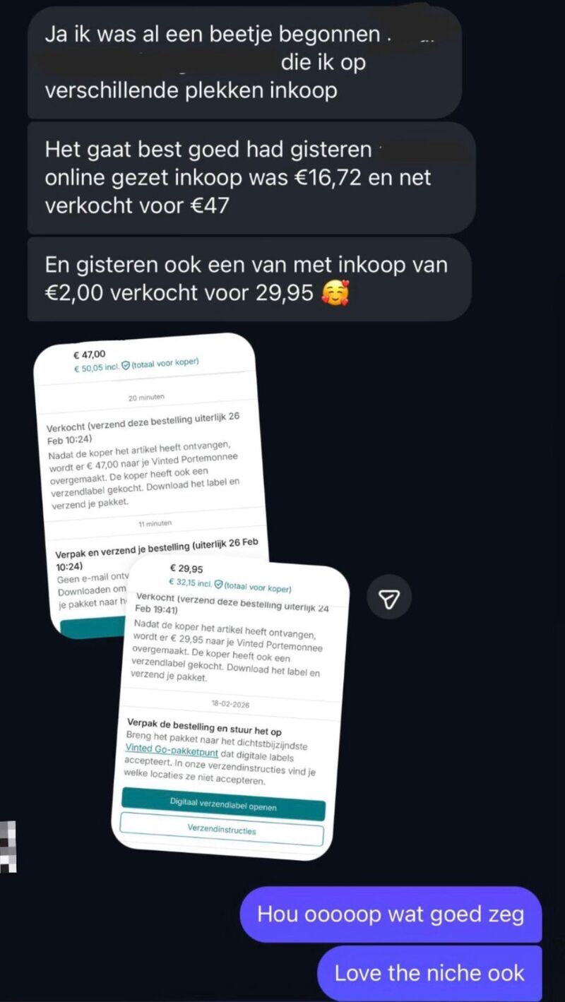 Echt bericht: inkoop €16,72 verkocht voor €47, en €2 inkoop verkocht voor €29,95