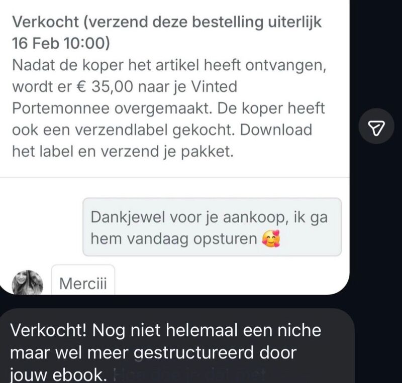 Echt bericht: €35 verkocht — 'dankjewel voor je aankoop'