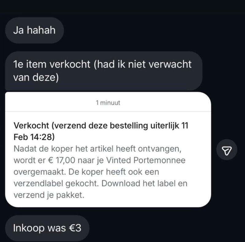 Echt bericht: 1e item verkocht, inkoop €3 — €17 opbrengst